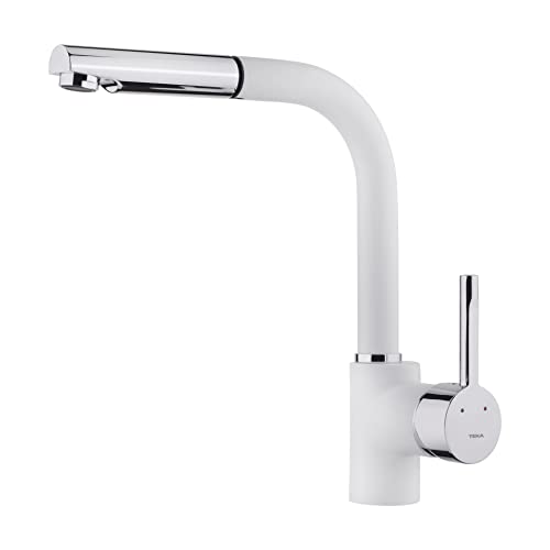 Teka ARK 938 - Grifo de Cocina Monomando con Caño Alto Extraíble de Gran Resistencia, Flexible Súper Resistente, Aireador Anti Calcáreo, Colores Blanco, Negro, Acero Inoxidable y Cromo