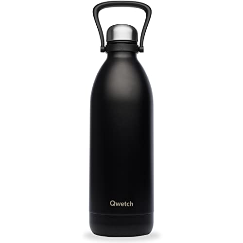 Qwetch - Botella Isotérmica Grande Matt - Negro 2L - Botella de Acero Inoxidable - 48h Frío y 16h Caliente - Hermética, Sin BPA - Botella con Asa de Transporte - Para la Familia y el Picnic