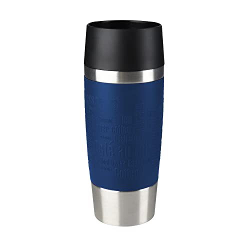 Emsa Travel Mug Taza térmica, Mantiene Calor 4 h y frío 8 h, Acero Inoxidable con Base Antideslizante y Zona de Agarre de Silicona con Letras grabadas, Azul, 1 Unidad (Paquete de 1)