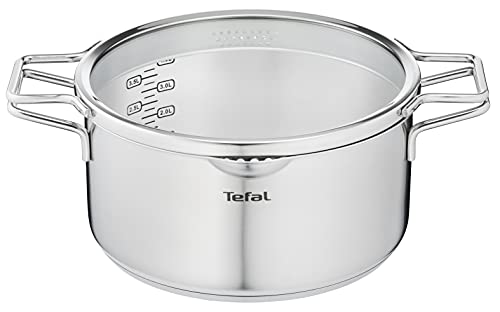Tefal Nordica Cacerola 24 cm acero inoxidable, capacidad de 5 L, tecnología full induction, diseño minimalista, tapa de cristal, apta para gas, vitrocerámica, eléctricas e inducción, apto para horno