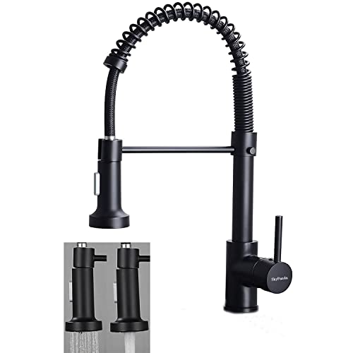 Grifo de cocina, fregadero con pulverizador extraíble, grifo de resorte, material de cobre, modo dual giratorio y agua fría con cabezal pulverizador de doble función, color negro mate