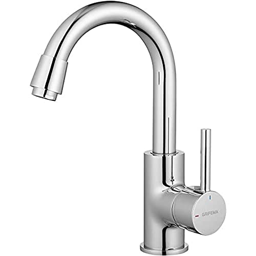 GRIFEMA G1002 Grifo de Lavabo Alto, Mezclador Monomando Baño, Agua Fria y Caliente, Cold Start, 10% de Ahorro de Energía, Cromado, Plata