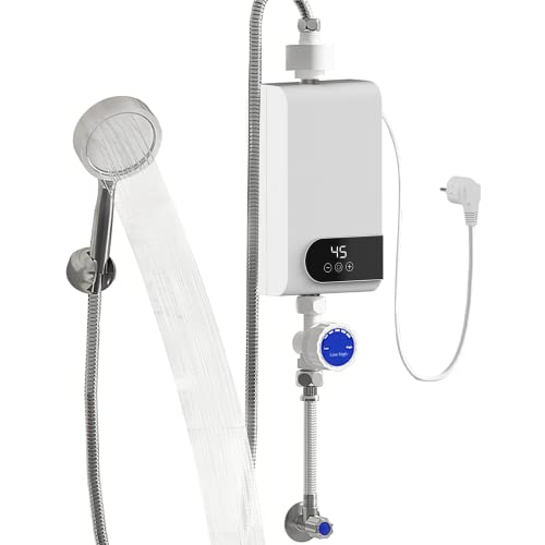 Mini calentador de agua eléctrico, 5500 W, grifo con cabezal de ducha e indicador LED,calentamiento rápido, temperatura constante, calentador de agua para cocina o baño (estilo D*(con enchufe europeo)