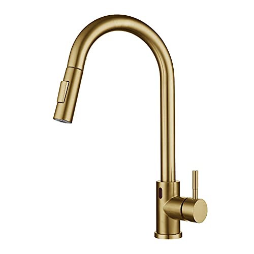 Mainen Grifo de cocina de cobre con ducha Grifo extensible Grifo de cocina Grifo mezclador Mezclador monomando giratorio 360 ° Grifo para lavabo Dorado