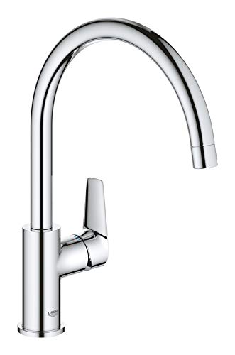 GROHE BauEdge - Grifo mezclador de cocina monomando (instalación monobloque, caño alto, área giratoria 360, cartucho de cerámica de 28 mm, colas de 3/8