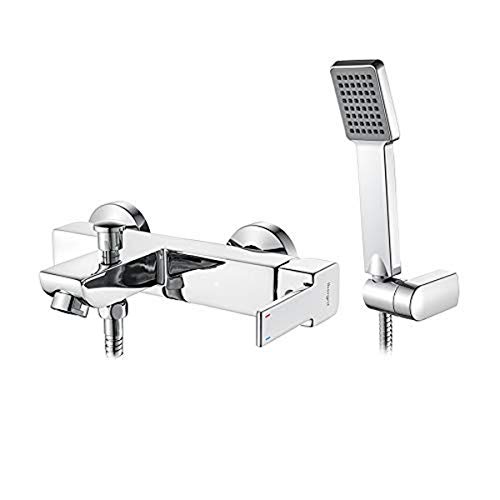 Ibergrif M13001 Gold, Completo de Grifo Cuadrado para Bañera con Alcachofa, Mezclador de Baño-Ducha Monomando para Instalación en Pared, Cromo, Plata