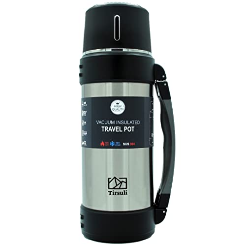 Tirsuli Termo de Viaje 1,5 litros – Doble Pared de Acero Inoxidable – Camping o Senderismo. Caliente o Frio más de 24 horas, Agua, Café, Leche, Té o Mate (Acero Inoxidable)