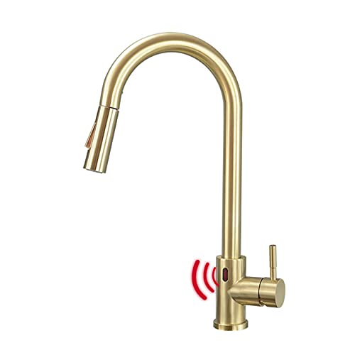 Mainen Grifo de Cocina Extensible con Grifo de Cocina Giratorio de 360 ​​° Golden con caño Alto arqueado, Grifo de Fregadero de Acero Inoxidable, Grifo de Fregadero de una Sola Palanca