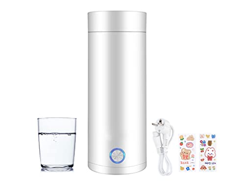 Hitoipin 400ml Hervidor Eléctrico Portátil, Hervidor de Agua de Acero Inoxidable, Mini Tetera de Viaje, Hervidor de Viaje con Cable de Alimentación, Enviar 2PCS Pegatinas, para Té,Leche,Café(Blanco)