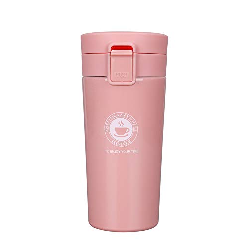Termo, Termo de Café para Llevar de Acero Inoxidable Vaso Termico Prueba de Fugas Taza de Café Térmica Sin BPA para Coche Oficina Viaje 380ML Rosado