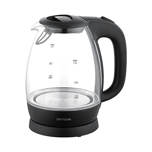 GRIFEMA GC1002 Hervidor de Agua Eléctrico 1,7 litros, 2200 W de Potencia, Iluminación LED, Base 360º, Filtro Antical Desmontable, Sistema de Seguridad, Cristal