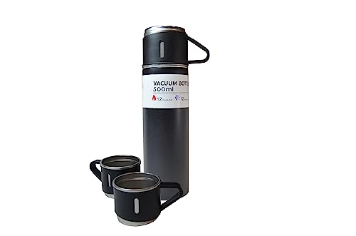 Botella Térmica Aislante Ivybrand con Tres Tazas - Termo de Acero Inoxidable 500ml - Se mantiene Caliente o Frío de 12 a 24 horas - Termo Cafe Sin BPA - Apto para Lavavajillas (Negro)