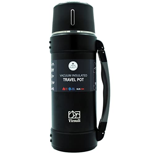 Tirsuli Termo de Viaje 1,5 litros – Doble Pared de Acero Inoxidable – Camping o Senderismo. Caliente o Frio más de 24 horas, Agua, Café, Leche, Té o Mate (Negro)