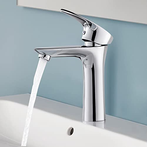 Grifo de Lavabo Monomando para Baño, BONADE Cuenca Mezclador Cromo con Válvula De Cerámica Agua Fria y Caliente Disponible, Grifería para Fregadero con Aireador Desmontable Ahorro del Agua