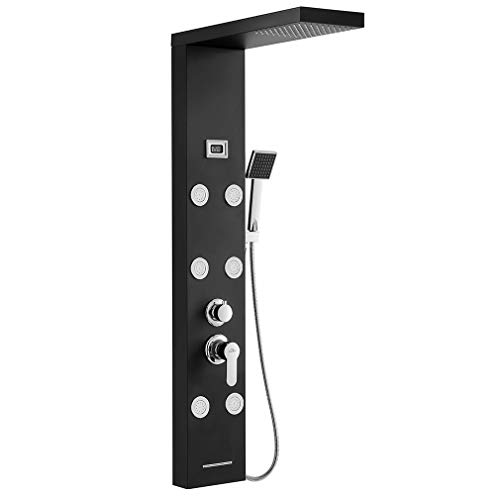 Columna Ducha Hidromasaje, Auralum Panel de Ducha 4 Función con Pantalla LCD, Columna Ducha Negra con Grifo Acero Inoxidable para Baño