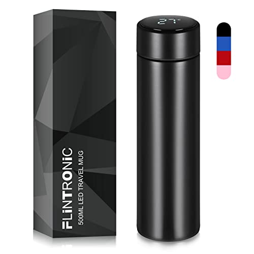 Flintronic Taza de Viaje, Termo Taza 500ML, Frasco de Vacío de Acero Inoxidable, Pantalla LED Táctil Inteligente con Temperatura, Térmica de Doble Pared, Aislado al Vacío - Color Negro