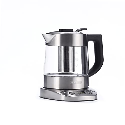 SEVERIN Tetera y hervidor de agua Deluxe Mini, tetera eléctrica de cristal para hasta 1,0 L, tetera pequeña con temperatura ajustable, color acero cepillado/negro, WK 3473
