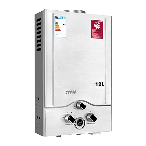 Calentador de Agua a Gas 12LPM,Calentador de Agua GLP de 24KW con Presión de Agua de Arranque Súper Baja de 0,2 bar,para Casa,Caravana,Cabaña,Granero,Operado con Butano y Propano