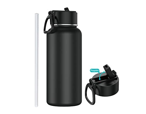 Botella de Acero Inoxidable 1 Litro Deportiva - Botella de Agua Térmica Reutilizable | Sin BPA | Mantiene 24H Frio / 12H Calor | Termo y Hermética - Doble Pared a Prueba de Fugas (Pajita, Negro)