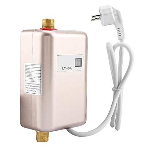FTVOGUE Mini Termo Eléctrico 220V 3400W,Calentador de Agua Instantáneo Sin Tanque,Temperatura de La Pantalla LED(Dorado)