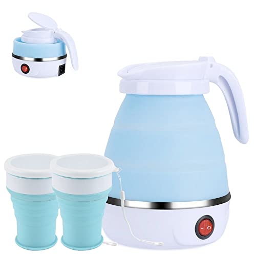 Jooheli Hervidor Eléctrico Plegable, 600ML Calentador de Agua Portatil con 2 Vasos Plegables, Hervidor Agua Electrico Pequeño, Hervidor de Agua Eléctrico de Silicona, Hervidor Eléctrico Plegable