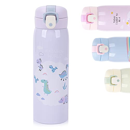 Botella Agua para Niños 500 ml, Botella de Agua Acero Inoxidable Sin BPA, Botellas de Agua Aisladas a Prueba de Fugas para Niños Niñas, Cantimplora Termo-Mantenga 12 Horas Caliente y 24 Horas Frío (D)