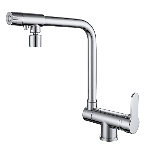 Grifo De Cocina 3 Vías Osmosis Con Abatible, Dos Salidas Mezclador De Fregadero En Latón360° Giratorio Con Aireador, Cromado