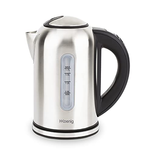 H.Koenig BOE50 Hervidor de Agua Eléctrico Pequeño, 2200W, Capacidad de 1.7 L, Base 360º Sin Cables, Temperatura Regulable hasta 100º en Tiempo Récord, Gris.