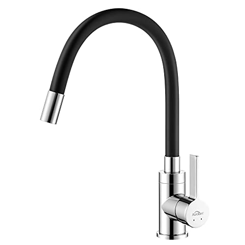 Auralum Grifo de Cocina con Caño Flexible, Monomando Grifo de Fregadero Negro con Manguera de Silicona Flexible y Giro de 360° para Agua Caliente y Fría