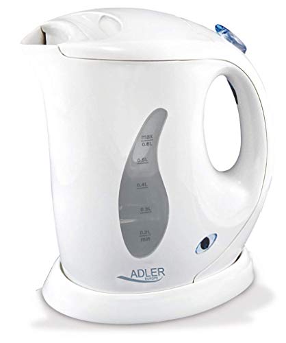 Adler AD 02 Hervidor agua Eléctrico Compacto, 0,6 Litros, Inalámbrico, Filtro Antical, Libre de BPA, 760W, Blanco