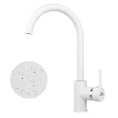 Auralum Grifo Cocina con Aireador desmontable, Caño Alto Giratorio 360 ° Grifo Fregadero, Grifo Monomando Cocina para Fregadero Granito, Grifos Cocina Fregadero, Latón, Blanco