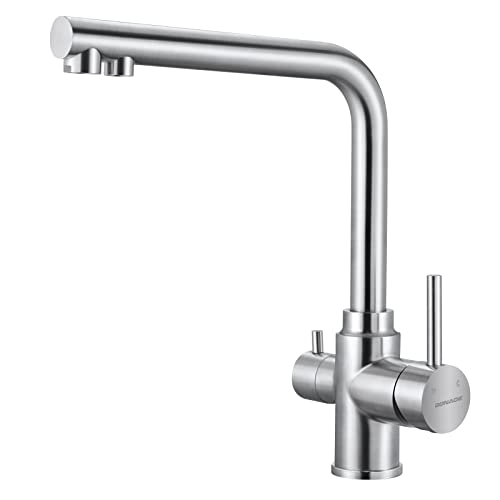 BONADE Grifo de Cocina 3 Vías Osmosis, Grifo Osmosis 3 Vías con 2 Salidas, Grifo para Fregadero Giratorio a 360°,Grifo de Cocina para Agua Potable con Palanca Doble, Acero Inoxidable Cepillado