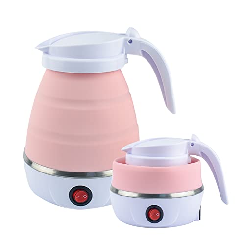 Hervidor plegable, AolKee Hervidor eléctrico portátil, Hervidor de viaje con base de acero inoxidable 304, Silicona de grado alimenticio para acampar Senderismo e interior, 0.6L (Rosa)