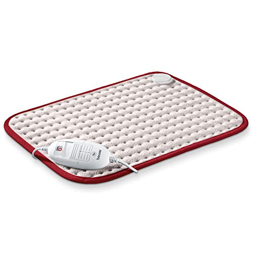 Beurer HK Comfort Almohadilla eléctrica térmica, transpirable, tacto suave, calentamiento ultrarápido, apagado automático 90 minutos, 3 potencias, display iluminado, 44x33 cm, blanca borde rojo