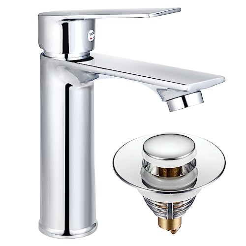 Cieex Grifo Lavabo Grifo Baño Cromado con Tapón de Lavabo Universal Pop Up Grifo Monomando Lavabo Ajustable en Caliente y Frío (Sans Manguera)