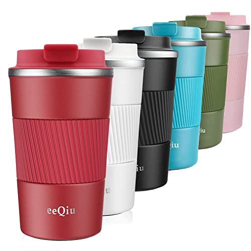 eeQiu Taza de Viaje aislada para café con Tapa a Prueba de Fugas, 13oz 380ml 100% Taza de Acero Inoxidable a Prueba de Fugas para automóvil para café frío y Caliente, Leche y té (Rojo)