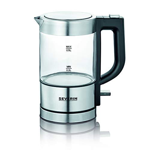 Severin 3472 Mini Hervidor de Agua, 1100 W, 0.5 L, Cristal/Acero Inoxidable, Negro