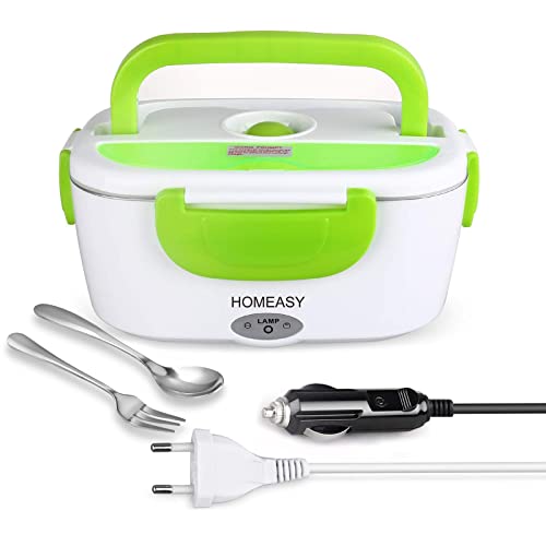 homeasy Fiambrera Eléctrica 12V 220V, Calentador de Comida Portatil para Coche y Trabajo, 1.5L Termo para Comida con Tenedor y Cuchara Acero Inoxidable, Pefecto para el Hogar, Oficina y Viaje(Verde)