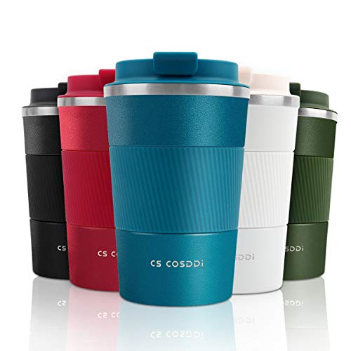 CS COSDDI Tazas de viaje aisladas con tapa a prueba de fugas, reutilizables, para coche, taza térmica de acero inoxidable para agua caliente y fría y té café, 380 ml (azul-A)
