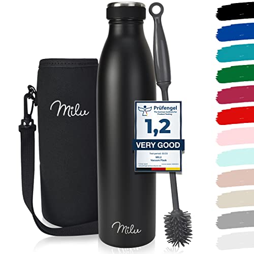 Milu Termo Botella de Agua 500ml, 750ml, 1l - Acero Inoxidable - Aislamiento de Vacío de Doble Pared - Libre BPA (Negro, 1000ml)