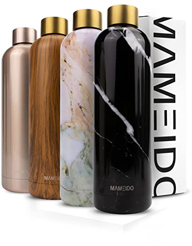 MAMEIDO Botella agua acero inoxidable 1 litro Black Marble Gold - Termo reutilizable, Cantimplora termica sin BPA, hermético para bebidas frías y calientes