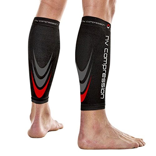 NV Compression 365 Calentadores de pantorrilla de compresión Negros - Compression Calf Sleeves - Black - For Sports Recovery, Work, Flight - Running, Cycling, Soccer, Rugby, Fitness, Gym, Golf, Tennis, Triathlon (Negro/Rojo, Large)