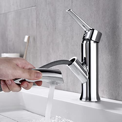 Auralum Grifo de Lavabo Extraible para Baño, Grifos Baño Extensible de Latón, Mezclador Monomando de Baño, Aireador Extraíble, Válvula de Cerámica, Agua Fría y Caliente, Cromado