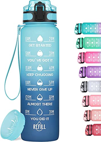 Botella Agua Deportiva - MEITAGIE 1L Botella Agua Prueba de fugas, Botella Deportiva Tritan de Plástico Sin BPA, Botella Motivacional con Filtro y Marcador de Tiempo para Hogar y Exterior