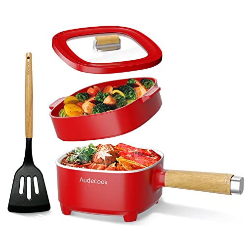 Audecook Sartén eléctrica, sartén antiadherente de cerámica mejorada de 2 l, sartén eléctrica Ramen para bistec, huevos, arroz frito, avena, sopa. Terminales de alimentación doble controlables