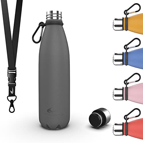 Daikoku Botella Acero Inoxidable + Cinta ajustable + Mosquetón, Termo Doble Pared Libre de BPA, Botella Agua Reutilizable, Tapón Hermético, Color Gris, Capacidad 500 ML