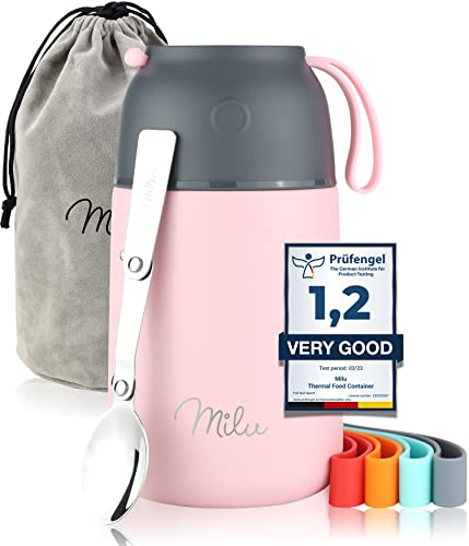 Milu® Recipiente térmico 450, 650 ml, recipiente de acero inoxidable, recipiente para alimentos para bebés, recipiente para alimentos térmicos, 450 ml, color rosa, 450 ml
