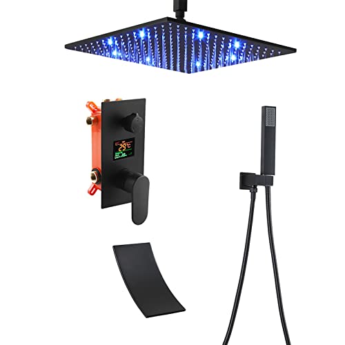 LED Sistema de Ducha con Pantalla Digital, Negro Conjunto de Ducha Montado en el Techo Columna de Ducha con Alcachofa de Ducha, Alcachofa de Mano, Cascada Grifo de Bañera,16 Inches