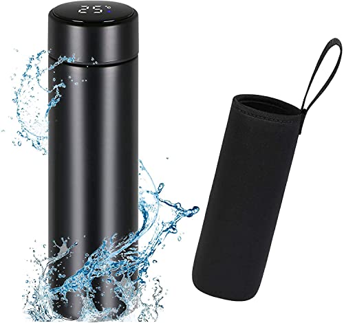 Flintronic Taza de Viaje, Termo Taza 500ML, Frasco de Vacío de Acero Inoxidable, Pantalla LED Táctil Inteligente con Temperatura, Térmica de Doble Pared, Aislado al Vacío - Color Negro
