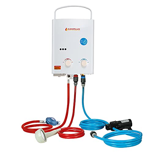 Camplux Calentador de gas de 5 litros con 6 litros de bomba de agua, blanco, 50 mbar.